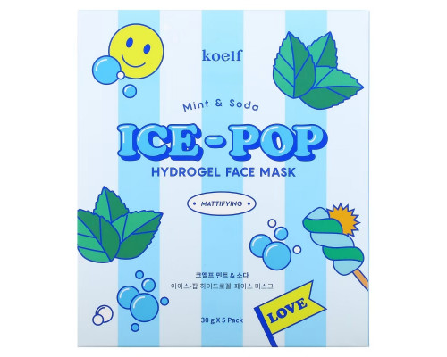 Koelf, Ice-Pop Hydrogel Beauty Face Mask, Mint & Soda, 5 Sheets, 30 g Each Koelf, Ice-Pop Hydrogel Beauty Face Mask, Mint & Soda, 5 Sheets, 30 g Each