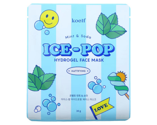 Koelf, Ice-Pop Hydrogel Beauty Face Mask, Mint & Soda, 5 Sheets, 30 g Each Koelf, Ice-Pop Hydrogel Beauty Face Mask, Mint & Soda, 5 Sheets, 30 g Each