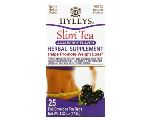 Травяные сборы и чаи Hyleys Tea, Slim Tea, ягоды асаи, 25 чайных пакетиков в фольгированных пакетиках, по 1,5 г (0,05 унции) Травяные сборы и чаи Hyleys Tea, Slim Tea, ягоды асаи, 25 чайных пакетиков в фольгированных пакетиках, по 1,5 г (0,05 унции)