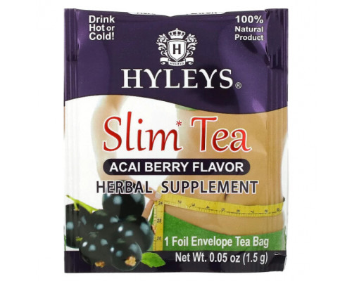 Травяные сборы и чаи Hyleys Tea, Slim Tea, ягоды асаи, 25 чайных пакетиков в фольгированных пакетиках, по 1,5 г (0,05 унции) Травяные сборы и чаи Hyleys Tea, Slim Tea, ягоды асаи, 25 чайных пакетиков в фольгированных пакетиках, по 1,5 г (0,05 унции)