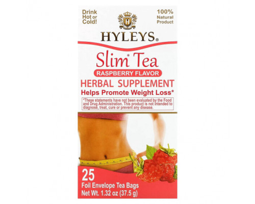 Травяные сборы и чаи Hyleys Tea, Slim Tea, Малиновый вкус, 25 чайных пакетиков в фольгированных пакетиках, 1,32 унции (37,5 г) Травяные сборы и чаи Hyleys Tea, Slim Tea, Малиновый вкус, 25 чайных пакетиков в фольгированных пакетиках, 1,32 унции (37,5 г)
