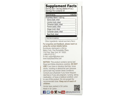 Hyleys Tea, Colon Cleanse, Acai Berry, Caffeine Free, 25 Foil Envelop Tea Bags, 0.05 oz (1.5 g) Each Hyleys Tea, Colon Cleanse, Acai Berry, Caffeine Free, 25 Foil Envelop Tea Bags, 0.05 oz (1.5 g) Each