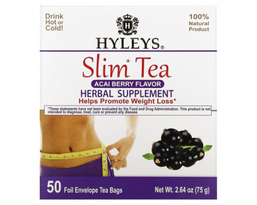 Травяные сборы и чаи Hyleys Tea, Slim Tea, ягоды асаи, 50 чайных пакетиков в фольгированных пакетиках, по 1,5 г (0,05 унции) Травяные сборы и чаи Hyleys Tea, Slim Tea, ягоды асаи, 50 чайных пакетиков в фольгированных пакетиках, по 1,5 г (0,05 унции)