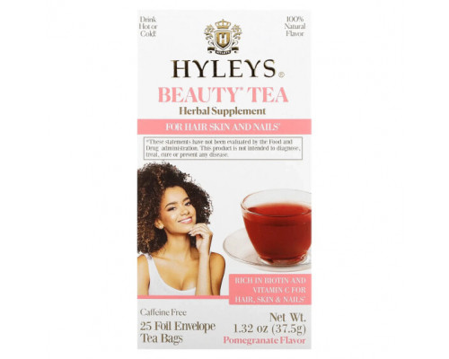 Травяные сборы и чаи Hyleys Tea, Beauty Tea, гранат, без кофеина, 25 чайных пакетиков в фольгированных пакетиках по 1,5 г (0,05 унции) Травяные сборы и чаи Hyleys Tea, Beauty Tea, гранат, без кофеина, 25 чайных пакетиков в фольгированных пакетиках по 1,5 г (0,05 унции)