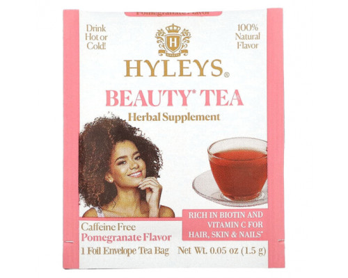 Травяные сборы и чаи Hyleys Tea, Beauty Tea, гранат, без кофеина, 25 чайных пакетиков в фольгированных пакетиках по 1,5 г (0,05 унции) Травяные сборы и чаи Hyleys Tea, Beauty Tea, гранат, без кофеина, 25 чайных пакетиков в фольгированных пакетиках по 1,5 г (0,05 унции)