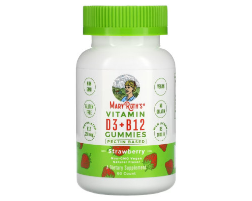 MaryRuth Organics, Жевательные мармеладки с витаминами D3 и B12, на основе пектина, клубника, 60 жевательных таблеток MaryRuth Organics, Жевательные мармеладки с витаминами D3 и B12, на основе пектина, клубника, 60 жевательных таблеток
