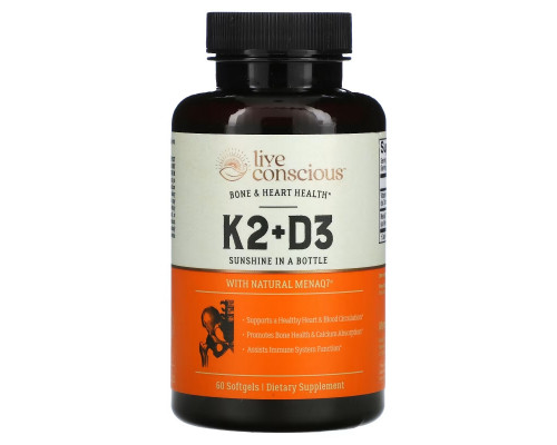 Live Conscious, K2 + D3, здоровье костей и сердца, 60 мягких таблеток Live Conscious, K2 + D3, здоровье костей и сердца, 60 мягких таблеток