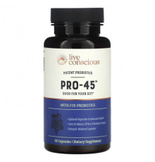 Пребиотики и пробиотики Live Conscious, PRO-45, мощные пробиотики, 30 капсул