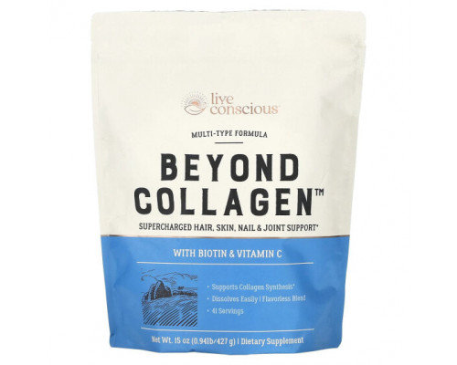 Для волос и ногтей Live Conscious, Beyond Collagen, с биотином и витамином C, 427 г (15 унций) Для волос и ногтей Live Conscious, Beyond Collagen, с биотином и витамином C, 427 г (15 унций)