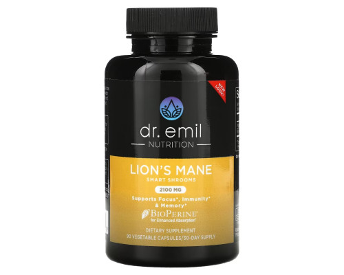 Dr. Emil Nutrition, Lion's Mane Smart Shrooms, 2100 мг, 90 растительных капсул Dr. Emil Nutrition, Lion's Mane Smart Shrooms, 2100 мг, 90 растительных капсул
