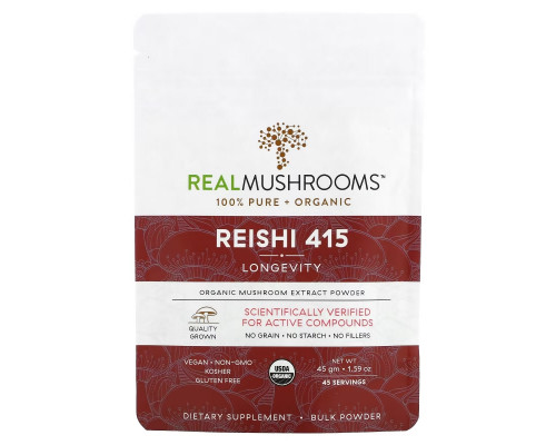 Real Mushrooms, Reishi 415, Organic Mushroom Extract Powder, 1.59 oz (45 gm) Real Mushrooms, Reishi 415, Organic Mushroom Extract Powder, 1.59 oz (45 gm)