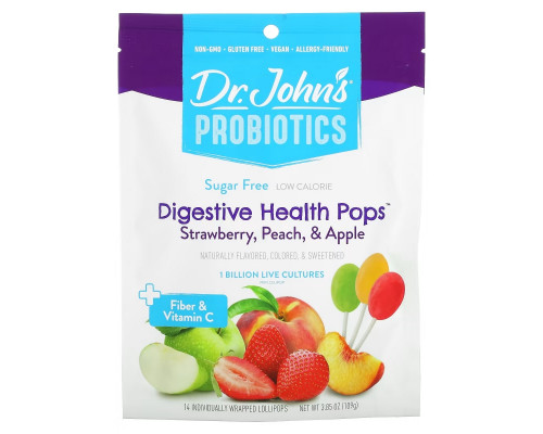 Dr. John's Healthy Sweets, Probiotics, Digestive Health Pops, + Fiber & Vitamin C, Strawberry, Peach & Apple, Sugar Free, 1 Billion, 14 Individually Wrapped Lollipops, 3.85 oz (109 g) Dr. John's Healthy Sweets, Probiotics, Digestive Health Pops, + Fiber & Vitamin C, Strawberry, Peach & Apple, Sugar Free, 1 Billion, 14 Individually Wrapped Lollipops, 3.85 oz (109 g)