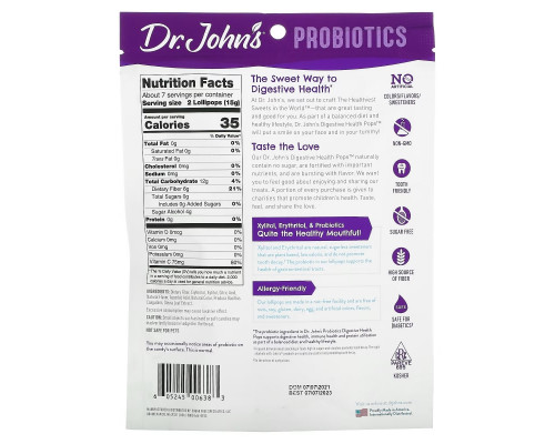Dr. John's Healthy Sweets, Probiotics, Digestive Health Pops, + Fiber & Vitamin C, Strawberry, Peach & Apple, Sugar Free, 1 Billion, 14 Individually Wrapped Lollipops, 3.85 oz (109 g) Dr. John's Healthy Sweets, Probiotics, Digestive Health Pops, + Fiber & Vitamin C, Strawberry, Peach & Apple, Sugar Free, 1 Billion, 14 Individually Wrapped Lollipops, 3.85 oz (109 g)