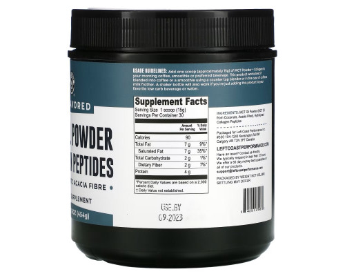 Left Coast Performance, MCT Oil Powder Collagen Peptides with Prebiotic Acacia Fibre, Unflavored, 16 oz (454 g) Left Coast Performance, MCT Oil Powder Collagen Peptides with Prebiotic Acacia Fibre, Unflavored, 16 oz (454 g)