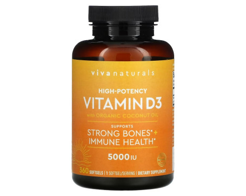 Viva Naturals, Vitamin D with Organic Coconut Oil, High-Potency, 5,000 IU, 360 Softgels Viva Naturals, Vitamin D with Organic Coconut Oil, High-Potency, 5,000 IU, 360 Softgels