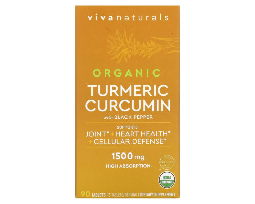 Viva Naturals, Organic Turmeric Curcumin with Black Pepper, 500 mg, 90 Tablets Viva Naturals, Organic Turmeric Curcumin with Black Pepper, 500 mg, 90 Tablets