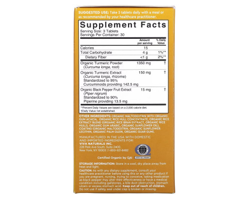 Viva Naturals, Organic Turmeric Curcumin with Black Pepper, 500 mg, 90 Tablets Viva Naturals, Organic Turmeric Curcumin with Black Pepper, 500 mg, 90 Tablets