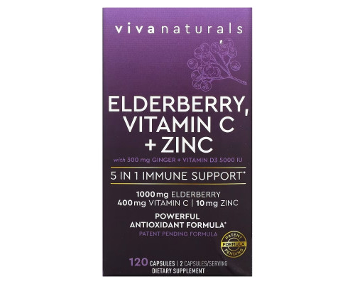 Viva Naturals, Elderberry, Vitamin C + Zinc, 5 in 1 Immune Support, 120 Capsules Viva Naturals, Elderberry, Vitamin C + Zinc, 5 in 1 Immune Support, 120 Capsules