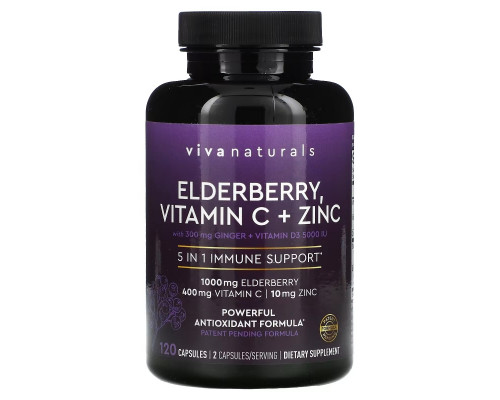 Viva Naturals, Elderberry, Vitamin C + Zinc, 5 in 1 Immune Support, 120 Capsules Viva Naturals, Elderberry, Vitamin C + Zinc, 5 in 1 Immune Support, 120 Capsules