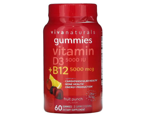 Viva Naturals, Vitamin D3 + B12 , Fruit Punch, 60 Gummies