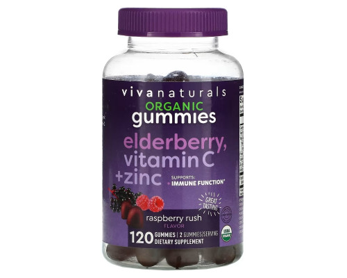 Viva Naturals, Organic Elderberry, Vitamin C + Zinc, Raspberry Rush, 120 Gummies Viva Naturals, Organic Elderberry, Vitamin C + Zinc, Raspberry Rush, 120 Gummies