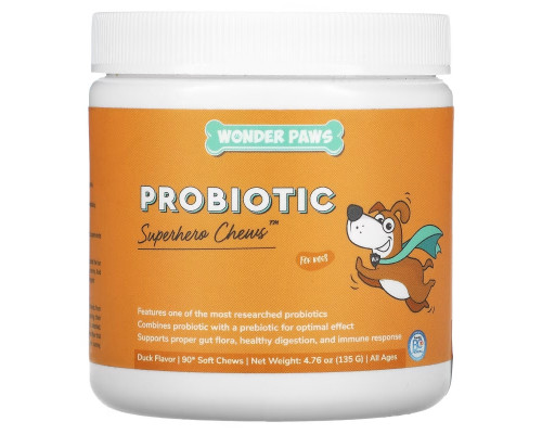Wonder Paws, Probiotic, Superhero Chews For Dogs, All Ages, Duck, 90 Soft Chews Wonder Paws, Probiotic, Superhero Chews For Dogs, All Ages, Duck, 90 Soft Chews