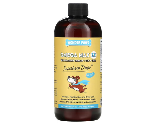 Wonder Paws, Superhero Drops, капли для собак, Omega Max 3X, дикий аляскинский лосось, треска и криль, для всех возрастов, 473 мл (16 унций) Wonder Paws, Superhero Drops, капли для собак, Omega Max 3X, дикий аляскинский лосось, треска и криль, для всех возрастов, 473 мл (16 унций)