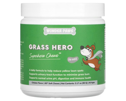 Wonder Paws, Grass Hero, Superhero Chews для собак, для всех возрастов, с курицей, 60 жевательных таблеток, 90 г (3,17 унции) Wonder Paws, Grass Hero, Superhero Chews для собак, для всех возрастов, с курицей, 60 жевательных таблеток, 90 г (3,17 унции)