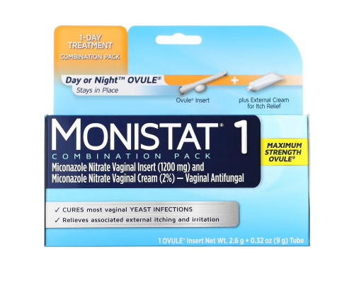 Monistat, 1-Day Treatment Combination Pack, Day or Night Ovule, Maximum Strength, 1 Ovule Insert, 2.6 g + 0.32 oz (9 g) Tube Monistat, 1-Day Treatment Combination Pack, Day or Night Ovule, Maximum Strength, 1 Ovule Insert, 2.6 g + 0.32 oz (9 g) Tube