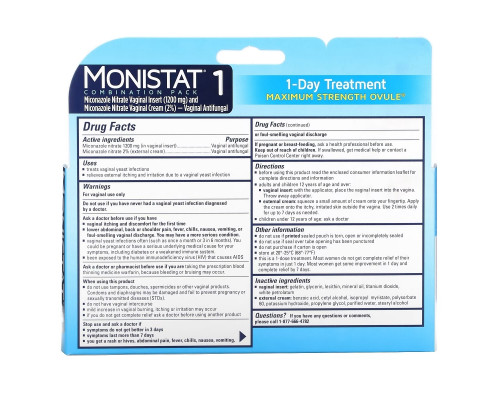Monistat, 1-Day Treatment Combination Pack, Day or Night Ovule, Maximum Strength, 1 Ovule Insert, 2.6 g + 0.32 oz (9 g) Tube Monistat, 1-Day Treatment Combination Pack, Day or Night Ovule, Maximum Strength, 1 Ovule Insert, 2.6 g + 0.32 oz (9 g) Tube