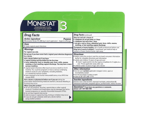 Monistat, 3-Day Treatment Cream, 3 Prefilled Applicators, 0.18 oz (5 g) Each Monistat, 3-Day Treatment Cream, 3 Prefilled Applicators, 0.18 oz (5 g) Each