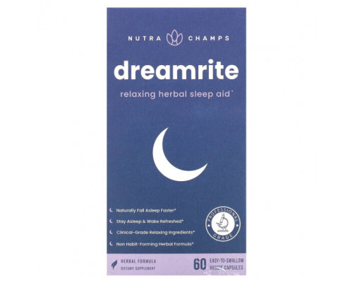 Растительные экстракты и настойки NutraChamps, Dreamrite, расслабляющее травяное средство для сна, 60 растительных капсул, которые легко глотать Растительные экстракты и настойки NutraChamps, Dreamrite, расслабляющее травяное средство для сна, 60 растительных капсул, которые легко глотать