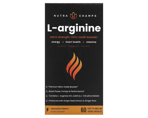 NutraChamps, L-Arginine, 60 Easy-to-Swallow Veggie Capsules NutraChamps, L-Arginine, 60 Easy-to-Swallow Veggie Capsules