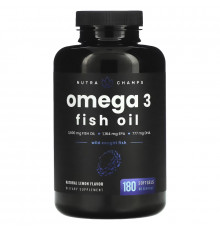 NutraChamps, Omega 3 Fish Oil, Natural Lemon, 1,200 mg, 180 Softgels