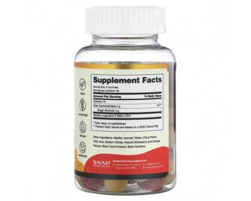 Пребиотики и пробиотики Snap Supplements, Жевательные мармеладки с пробиотиками, без сахара, клубника и апельсин, 5 млрд КОЕ, 60 жевательных таблеток Пребиотики и пробиотики Snap Supplements, Жевательные мармеладки с пробиотиками, без сахара, клубника и апельсин, 5 млрд КОЕ, 60 жевательных таблеток