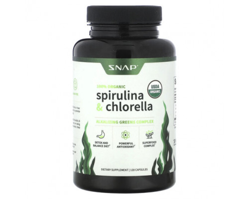 Водоросли Snap Supplements, Органическая спирулина и хлорелла, 120 капсул Водоросли Snap Supplements, Органическая спирулина и хлорелла, 120 капсул