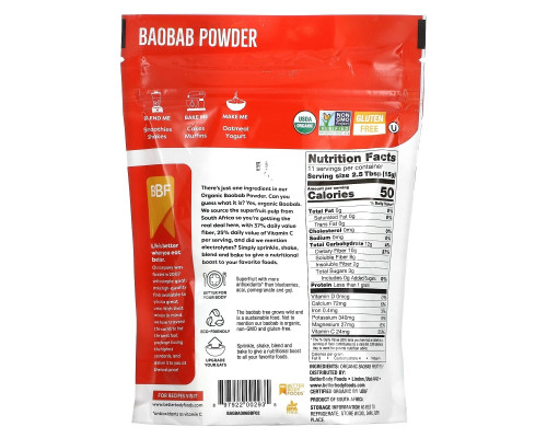 BetterBody Foods, Organic Baobab Powder, 6 oz (170 g) BetterBody Foods, Organic Baobab Powder, 6 oz (170 g)