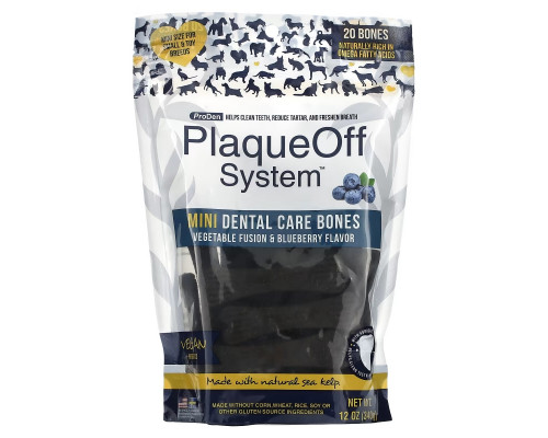 ProDen, PlaqueOff System, Mini Dental Care Bones, For Small & Toy Breed Dogs, Vegetable Fusion & Blueberry, 20 Bones, 12 oz (340 g) ProDen, PlaqueOff System, Mini Dental Care Bones, For Small & Toy Breed Dogs, Vegetable Fusion & Blueberry, 20 Bones, 12 oz (340 g)