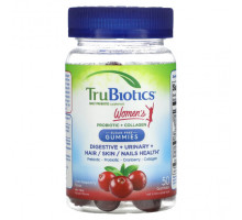 Пребиотики и пробиотики TruBiotics, Пробиотик и коллаген для женщин, для здоровья пищеварительной системы, мочевыводящей системы, здоровья волос / кожи / ногтей, клюква и малина, 50 жевательных таблеток