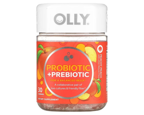 OLLY, Пробиотик и пребиотик, персиковый, 30 жевательных таблеток OLLY, Пробиотик и пребиотик, персиковый, 30 жевательных таблеток
