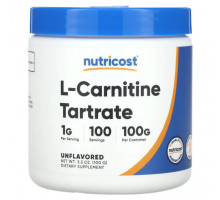 Аминокислоты Nutricost, L-карнитин тартрат, без добавок, 1 г, 100 г (3,5 унции)