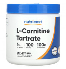 Аминокислоты Nutricost, L-карнитин тартрат, без добавок, 1 г, 100 г (3,5 унции)