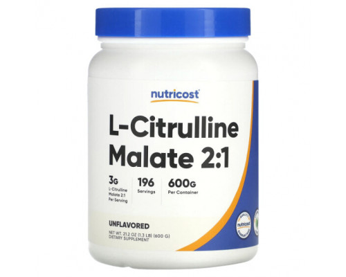Аминокислоты Nutricost, L-цитруллин малат 2: 1, без добавок, 600 г (21,2 унции) Аминокислоты Nutricost, L-цитруллин малат 2: 1, без добавок, 600 г (21,2 унции)