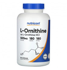Аминокислоты Nutricost, L-орнитин (в виде L-орнитина гидрохлорида), 500 мг, 180 капсул