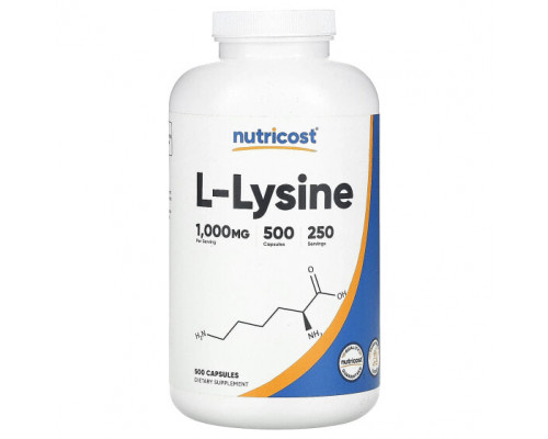 Аминокислоты Nutricost, L-лизин, 500 мг, 500 капсул Аминокислоты Nutricost, L-лизин, 500 мг, 500 капсул