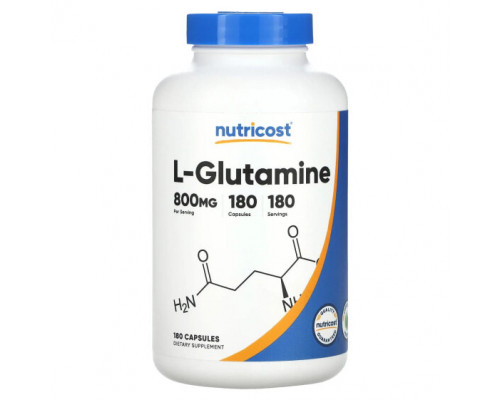 L-карнитин и L-глютамин Nutricost, L-глютамин, 800 мг, 180 капсул L-карнитин и L-глютамин Nutricost, L-глютамин, 800 мг, 180 капсул