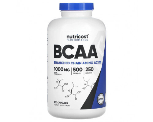 Аминокислоты Nutricost, BCAA, для результативности, 500 мг, 500 капсул Аминокислоты Nutricost, BCAA, для результативности, 500 мг, 500 капсул