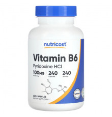 Витамины группы B Nutricost, Витамин B6, 100 мг, 240 капсул