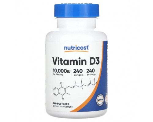 Витамин D Nutricost, Витамин D3, 10 000 МЕ, 240 мягких таблеток Витамин D Nutricost, Витамин D3, 10 000 МЕ, 240 мягких таблеток