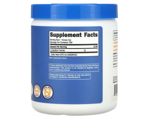 Аминокислоты Nutricost, L-карнитин тартрат, без добавок, 250 г (8,8 унции) Аминокислоты Nutricost, L-карнитин тартрат, без добавок, 250 г (8,8 унции)